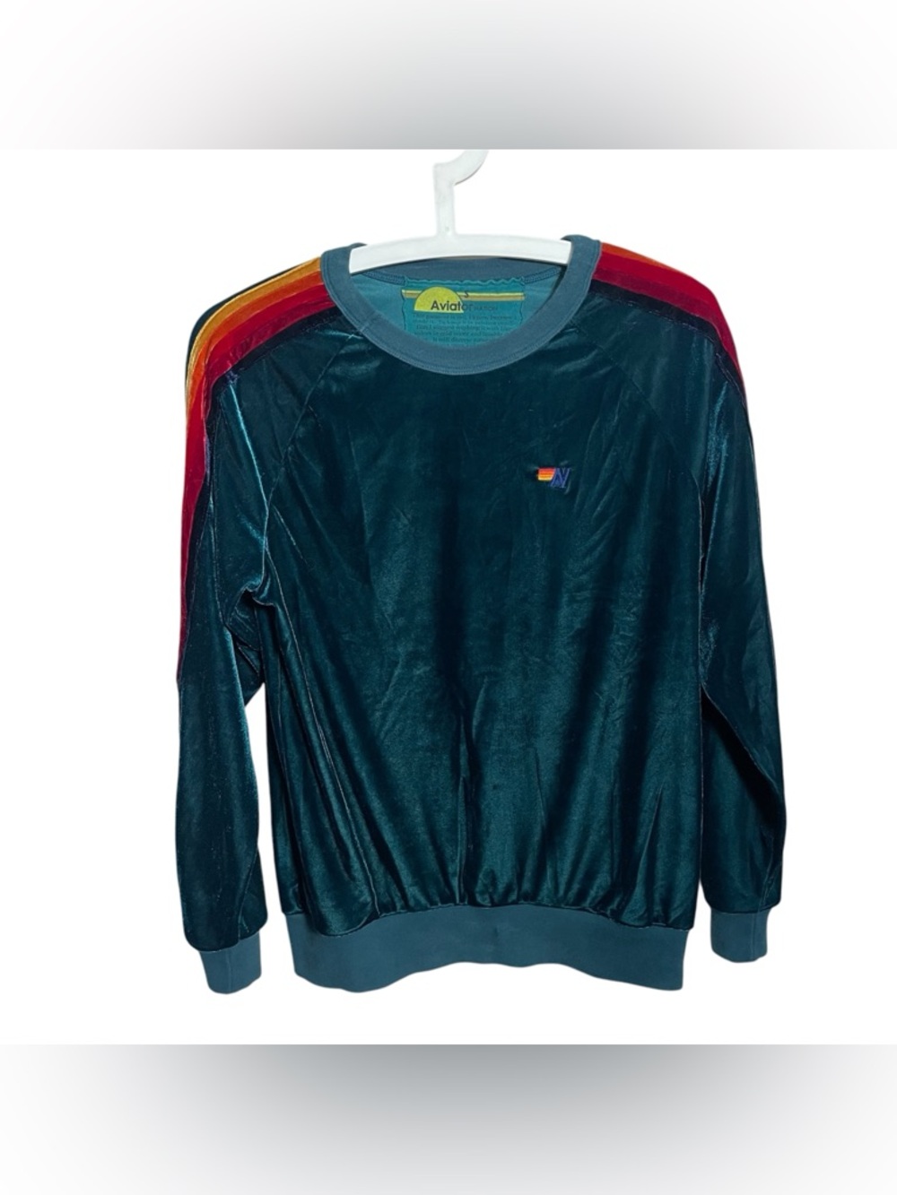 Aviator Nation Green Velvet Rainbow Stripe Pullover Emerald Green